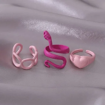 2023новый 3 шт./компл. Милые розовые кольца со змеей Регулируемые кольца из сплава для женщин Подарок на День святого Валентина Ювелирные изделия для вечеринок