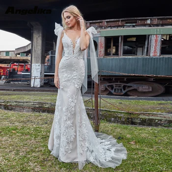 Angelika Fancy Deep V-образный вырез Свадебные платья для Mariages Бант Аппликации Труба Без рукавов Тюль Спинка Sweep Train Индивидуальный