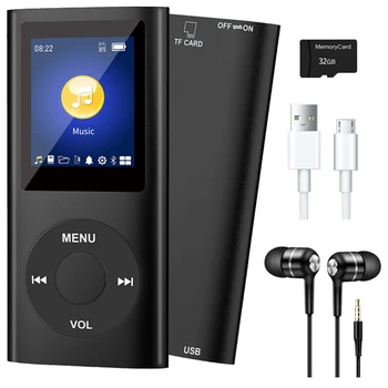 MP3-плеер с Bluetooth 5.0, музыкальный плеер с TF-картой 32 ГБ, FM, наушники, портативный музыкальный плеер HiFi (черный)