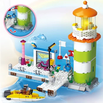 3D модель DIY Мини-блоки Кирпичи Здание Розовая мечта Пристань Маяк Лодка Яхта Dophin Dock Пляжная сцена Игрушка для детей
