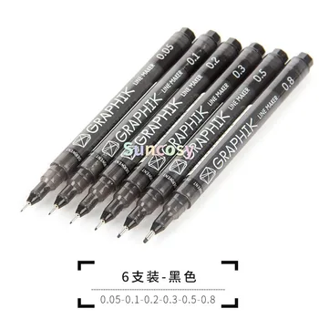 Графитовые ручки Derwent,Ручки для рисования Graphik Line Maker,Черные, 6 шт. в упаковке (2302206),6 черных ручек размером 0.05,0.1,0.2,0.3,0.5 и 0,8