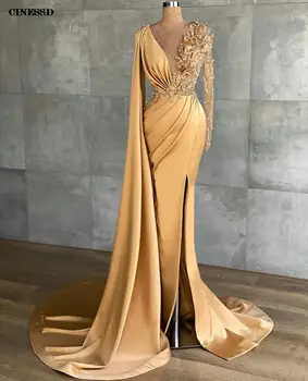 Роскошное солнечное золото русалка выпускное платье с длинным рукавом из перьев бисером черная девушка африканские вечерние платья robe de soirée mariage 2022