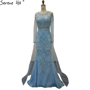 Serene Hill Мусульманский синий со съемным шлейфом Роскошные вечерние платья Платья 2023 Русалка Элегантное бисероплетение для женщин Вечеринка LA70786