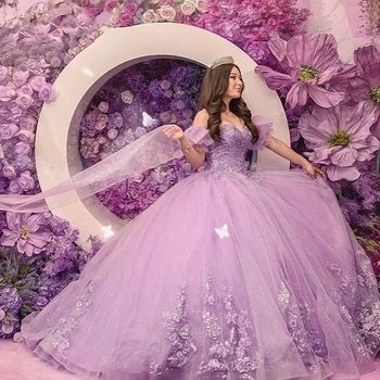 ANGELSBRIDEP Светло-фиолетовые платья Quinceanera Бальное платье для милых девочек 3D Цветы Бусины День рождения Принцесса Vestidos De XV Años