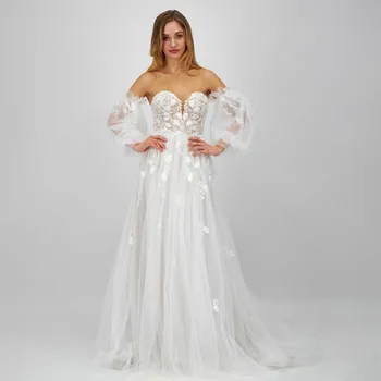 С открытыми плечами 3D цветочные аппликации Свадебное платье Съемные пышные рукава Иллюзия Свадебное платье А-силуэта Придворное свадебное платье vestidos
