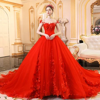 Vestido de Noiva Princesa На заказ Бисероплетение Аппликации Цветы Великолепное Красное Бальное Платье Свадебные Платья Большие Размеры Hochzeitskleid