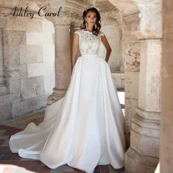Ashley Carol A-Line Свадебное платье 2022 Princess Атласное платье невесты Кружевные аппликации Scoop Свадебные платья с открытой спиной Vestido De Novia