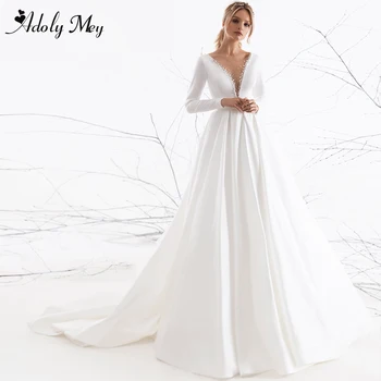 Adoly Mey Luxury Scoop Neck Pearls Бисероплетение невесты A-Line Свадебное платье Элегантный длинный рукав Корт Шлейф Атлас Винтаж Свадебное платье