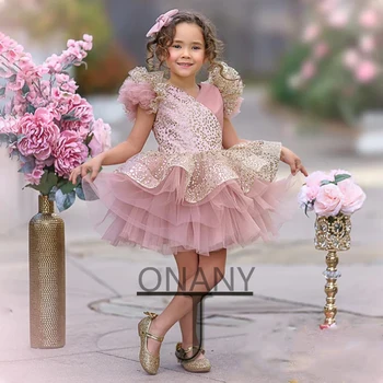 JONANY Блестящее платье для цветочницы с V-образным вырезом Тюль с оборками Индивидуальное детское платье на день рождения Конкурсное платье Халат для причастия De Demoiselle