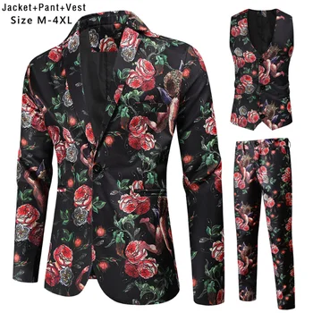  Высококачественная печать цветка розы Мужские цветочные костюмы Куртки + Жилет + Брюки Свадебная вечеринка Slim Fit Мужчины Платье Блейзеры Набор Плюс Размер
