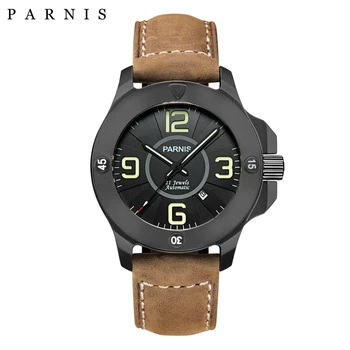 Fashion Parnis 47 мм Черный циферблат Механические автоматические мужские наручные часы Сапфировый кристалл Кожаный ремешок Зеленый номер Мужские часы