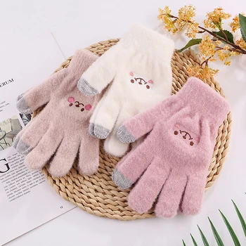 1 пара Зимние теплые плюшевые перчатки Симпатичная студентка Японская девушка Улыбка Вязаные перчатки Перчатки с пятью пальцами
