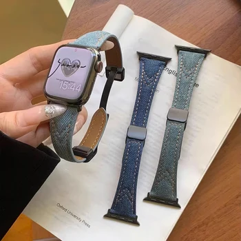 Магнитный джинсовый кожаный ремешок для часов Apple Watch Ultra 44 45 49 мм 40 41 42 38 мм холщовый браслет ремешок для iWatch Series 7 8 6 5
