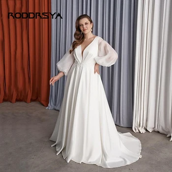 RODDRSYA Свадебное платье больших размеров для невесты Плиссированный рукав с глубоким V-образным вырезом и пышными рукавами De Mariée Простое элегантное свадебное платье А-силуэта 2023