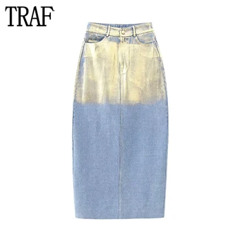 TRAF Джинсовая юбка металлик Женская длинная юбка с высокой талией Женская осенняя юбка-карандаш с разрезом Женские уличные юбки миди для женщин 2023