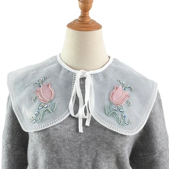Женская рубашка Свитер с вышитым цветочным узором Накладной воротник с жемчужными бусинами