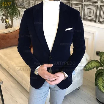 Модные бархатные мужские блейзеры Slim Fit Classic 1 пуговица Темно-синий пиджак 2023 Роскошный выпускной деловой свадебный смокинг пальто 1 шт.