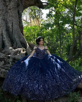 темно-синий блестящий платья принцессы Quinceanera с открытыми плечами 3D цветочная вышивка vestidos de 15 años quinceañeras 2024