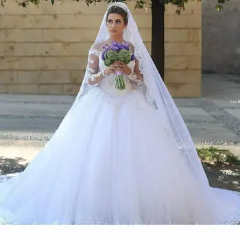 Бальное платье Свадебные платья Классическое кружево с длинным рукавом Белый иллюзия Вырез Свадебный халат de Mariage Принцесса на заказ