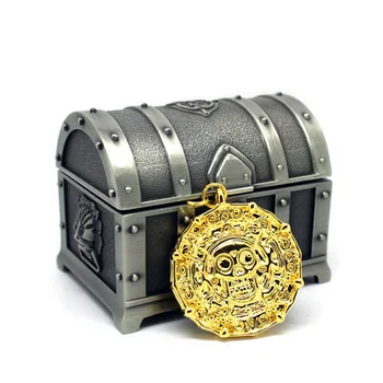 бесплатная доставка золотой цвет ацтекская монета кулон ожерелье пираты Карибского моря + сундук с сокровищами металлическая коробка