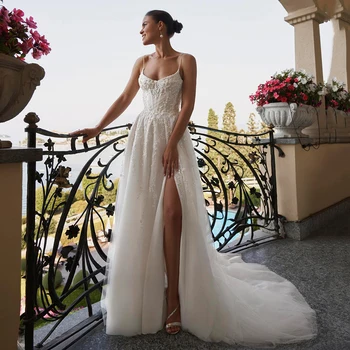 Платье невесты Очаровательный высокий разрез Сексуальный ремешок для спагетти Свадебные платья с квадратным вырезом Кружевная юбка из тюля с открытой спиной Robe de Mariée