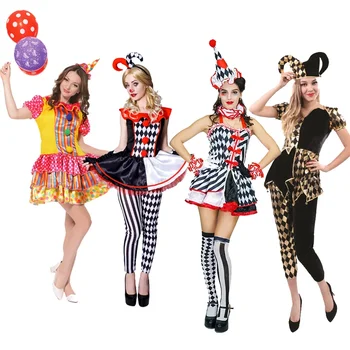 Клоун Костюм Женщины Хэллоуин Маскарадный костюм Взрослый Смешной цирк Клоун Костюмы Косплей Вечеринка Платье Ролевая Одежда Одежда со шляпой
