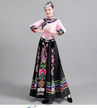 Китайский народный танец Платье Мяо Вышивка Длинная Производительность Женская Одежда
