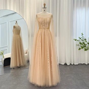 Шэрон Саид Роскошные элегантные золотые серебряные вечерние платья в Дубае 2023 года с рукавами-накидками Арабские женские свадебные платья SS217