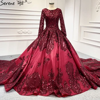 Serene Hill Мусульманское вино Красные свадебные платья Платья 2023 Блестящее атласное свадебное платье на шнуровке HM66948 на заказ