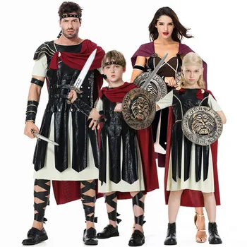 Взрослый Ребенок Спартанский воин Выступление Костюм Хэллоуин Карнавал Вечеринка Римский гладиатор Косплей Костюм родителя и ребенка