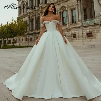 Alim Kara Pearls Атласное свадебное платье 2024 Без рукавов A-Line Придворный поезд Свадебные платья Princess SM54 Большие размеры Vestido De Novia