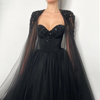 Шэрон Саид Роскошное арабское вечернее платье из готического черного тюля в Дубае 2023 года с рукавами-накидками Элегантные женские вечерние платья SS394