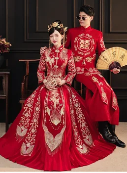 Cheongsam Hanfu Вышивка Дракон Феникс Китайский традиционный свадебный костюм для пары Cheongsam Элегантное платье невесты Qipao