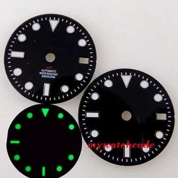 29 мм Стерильный черный циферблат часов Циферблат Зеленый Светящийся индекс Дата Окошко Fit GMT NH34A Автоматический механизм Часы Аксессуары Детали