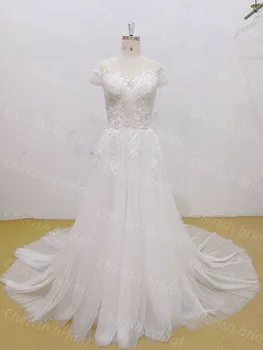 C3093A Кружевное А-образное свадебное платье А-силуэта с коротким рукавом для невесты, Элегантное Иллюзия Кружевная аппликация Свадебное платье