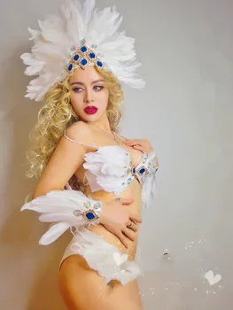Комплект из трех частей нового костюма из белых перьев Трехточечное бикини с перьями певица gogo
