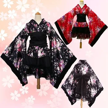 Японское кимоно Плюс Размер S-XXXL Японское аниме Косплей Лолита Цветочный Принт Хэллоуин Платье Для Женщин Девочек