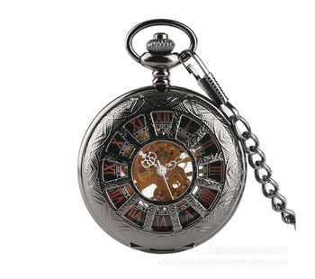 10 шт./лот Винтажные механические карманные часы Balck Wheel с цепочкой keleton Steampunk Мужчины Женщины Подарок Часы оптом