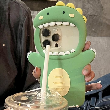 корейский милый мультяшный 3D динозавр силиконовый чехол для телефона для iPhone 14 13 12 Pro Max 11 Прекрасный рот Камера Защитный мягкий чехол