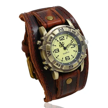 Moonbiffy Новый ретро большой широкий ремешок из натуральной кожи Часы Мужчины Панк Кварцевая манжета Часы Наручные часы Браслет Необычные наручные часы