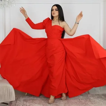 Musilm Style Красное атласное платье для выпускного вечера для женщин лето с одним плечом فساتين السهرة Праздничное платье длиной до щиколотки для девочек