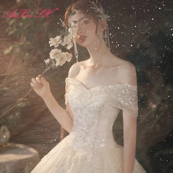 AnXin SH принцесса французский ретро цветок шампанское кружевное свадебное платье винтажные оборки лодочка шея бисер кристально белое свадебное платье