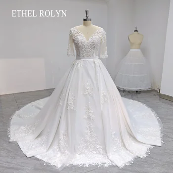 ETHEL ROLYN Атласное свадебное платье Реальные фото 2023 V-образный вырез Половина рукава Платье невесты Аппликации Бисероплетение Свадебное платье Vestidos De Novia
