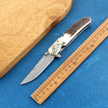 Складной карманный нож с дамасским клинком с рукояткой из оленьих рогов, нож для поезда охотника, охотничий нож для кемпинга, инструмент для активного отдыха EDC
