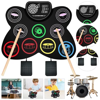 9 пэдов Складной барабан Тренировочный пэд с барабанными палочками Ножные педали Портативные встроенные стереодинамики Подарок для детей и взрослых
